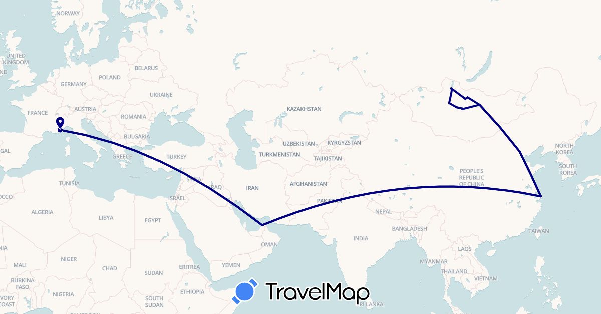 TravelMap itinerary: driving in United Arab Emirates, China, France, Mongolia (Asia, Europe)